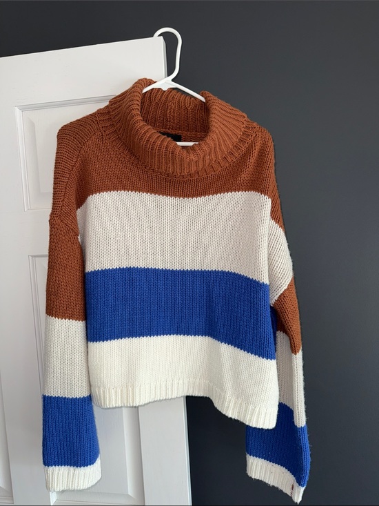 Lumiere Sweaters - Lumiere Striped Cowlneck Sweater in Rust, Cream & Blue